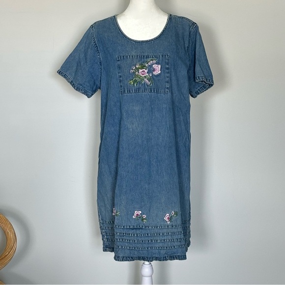 Vintage Jane Ashley 90s Denim Dress with Floral Embroidery – Cottagecore XL - Picture 6 of 7